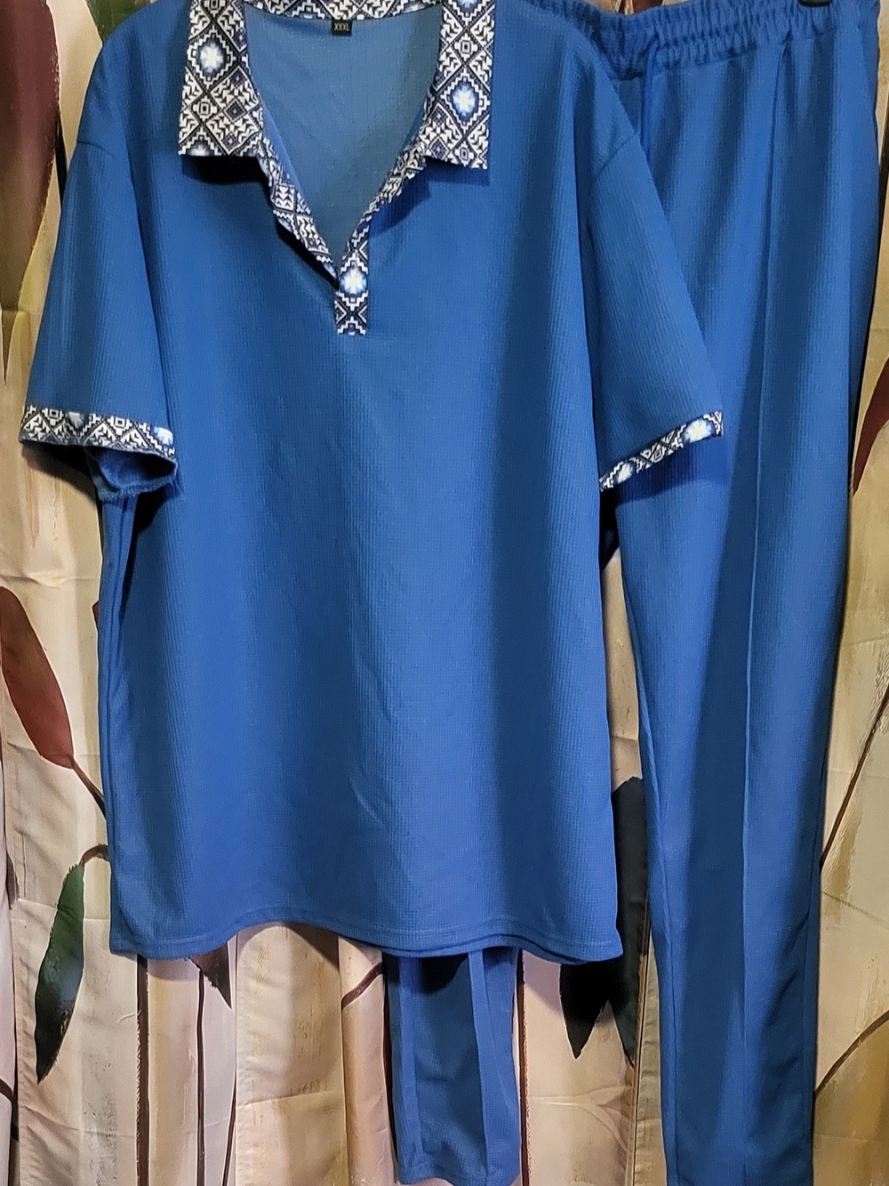 Blue Two-Piece Walking Set with Patterned Trim